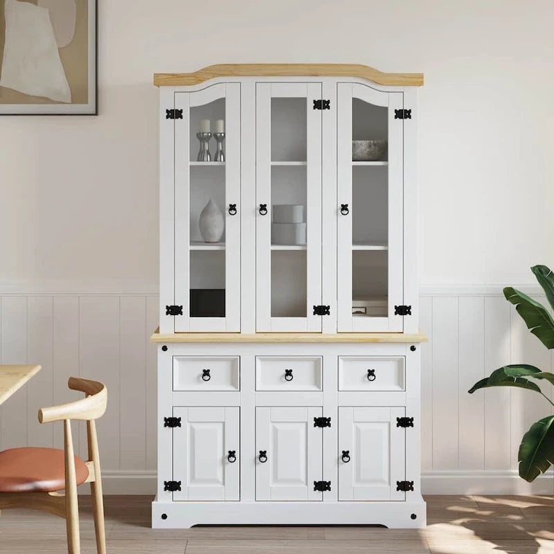 White Pine Wood Highboard Cabinet with Glass Doors and Drawers