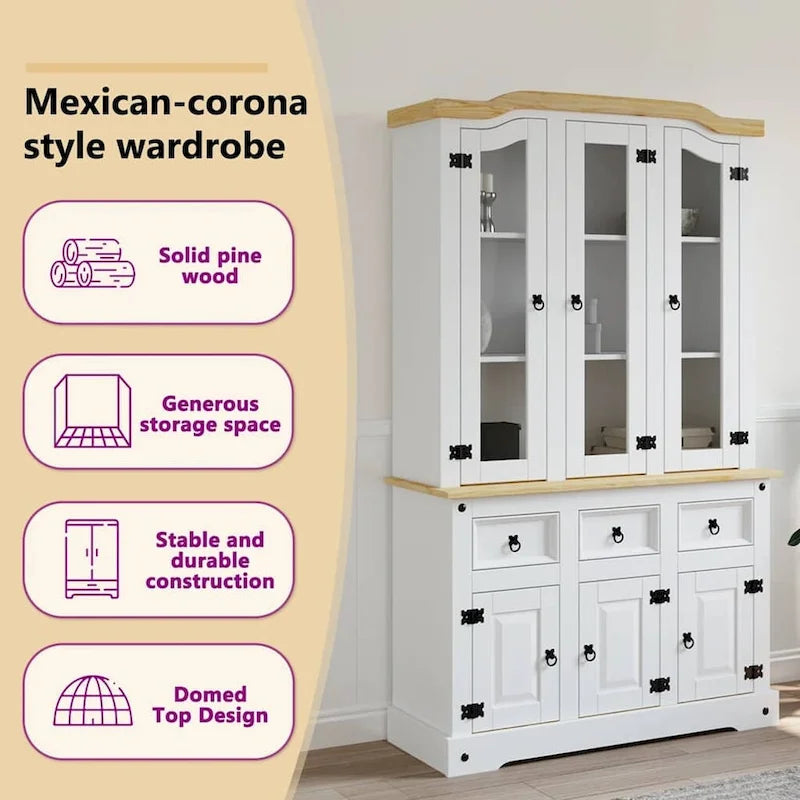 White Pine Wood Highboard Cabinet with Glass Doors and Drawers
