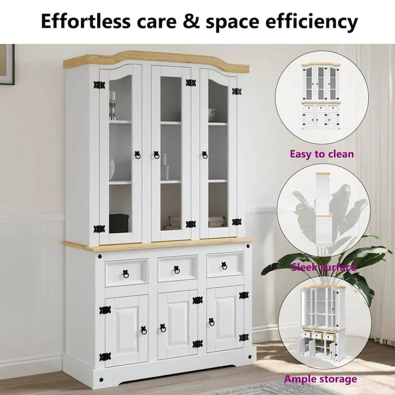 White Pine Wood Highboard Cabinet with Glass Doors and Drawers