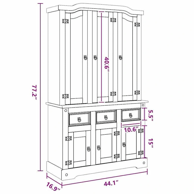 White Pine Wood Highboard Cabinet with Glass Doors and Drawers