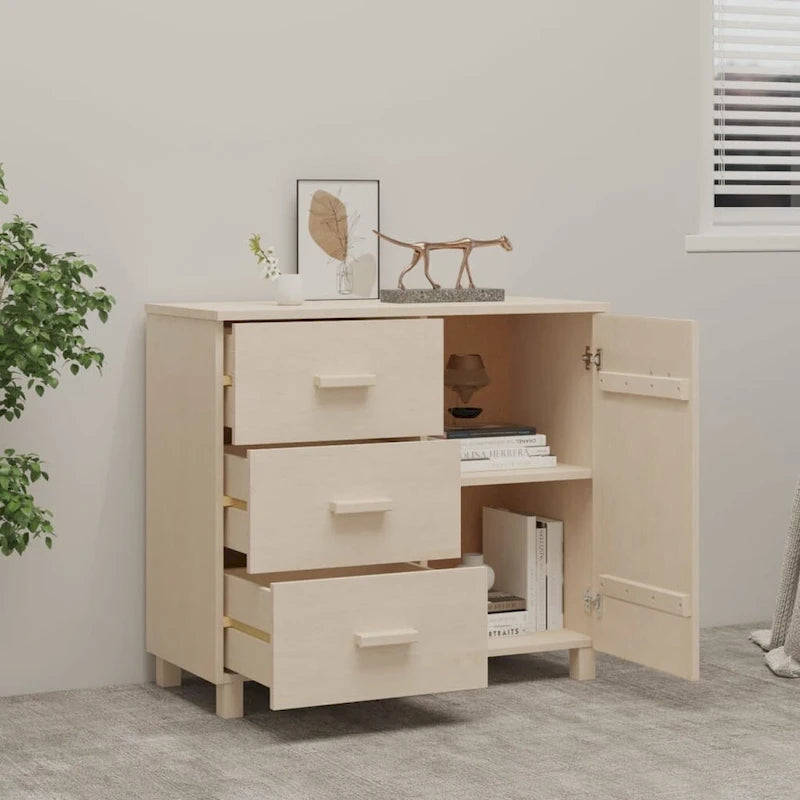 Light Gray Solid Pine Wood Sideboard Buffet Cabinet with 3 Drawers and Door
