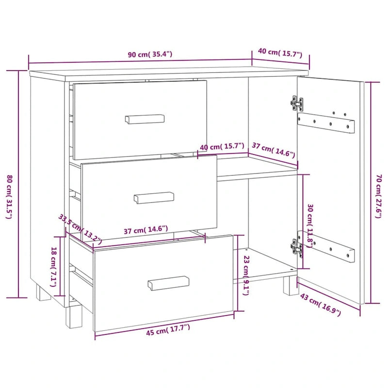 Light Gray Solid Pine Wood Sideboard Buffet Cabinet with 3 Drawers and Door
