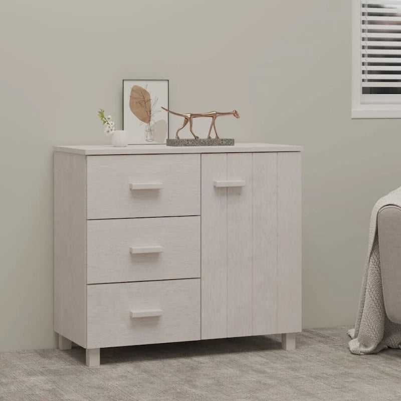 Light Gray Solid Pine Wood Sideboard Buffet Cabinet with 3 Drawers and Door