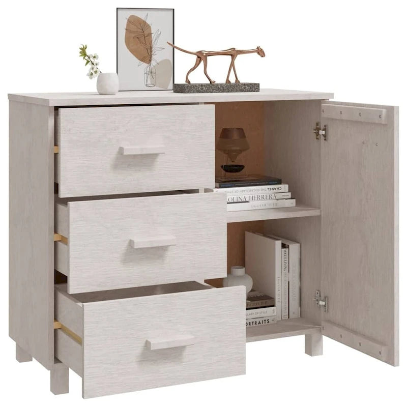Light Gray Solid Pine Wood Sideboard Buffet Cabinet with 3 Drawers and Door
