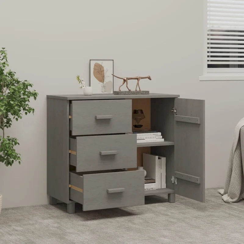 Light Gray Solid Pine Wood Sideboard Buffet Cabinet with 3 Drawers and Door
