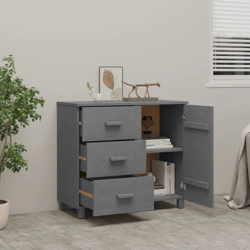 Light Gray Solid Pine Wood Sideboard Buffet Cabinet with 3 Drawers and Door