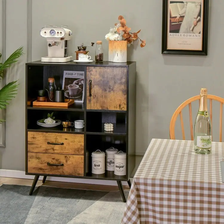 Rustic Brown Black Storage Cabinet with Drawers Open Shelves and Door