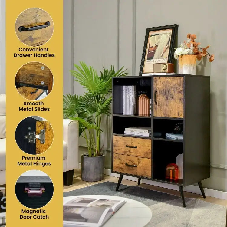 Rustic Brown Black Storage Cabinet with Drawers Open Shelves and Door