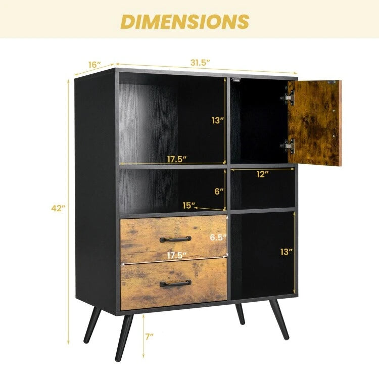 Rustic Brown Black Storage Cabinet with Drawers Open Shelves and Door