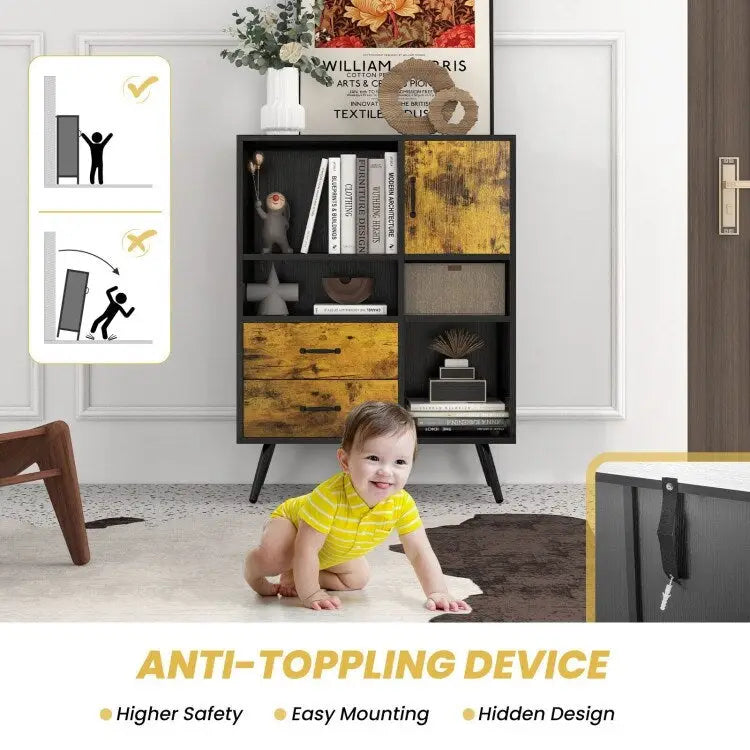 Rustic Brown Black Storage Cabinet with Drawers Open Shelves and Door