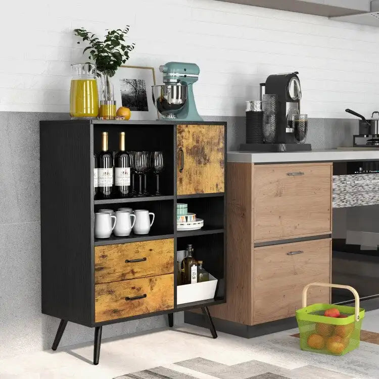 Rustic Brown Black Storage Cabinet with Drawers Open Shelves and Door
