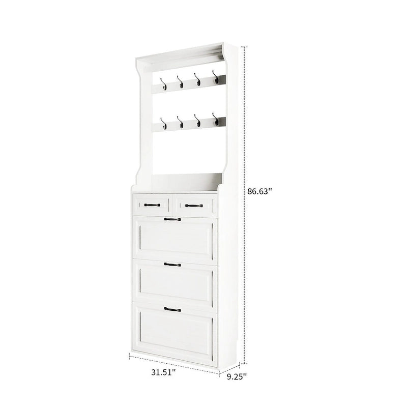 Tall Slim Shoe Storage Cabinet with Flip Drawers and Hooks White Oak