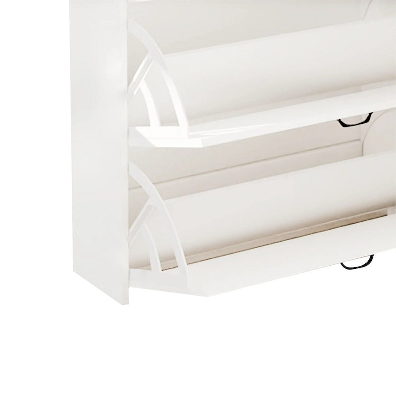 Tall Slim Shoe Storage Cabinet with Flip Drawers and Hooks White Oak
