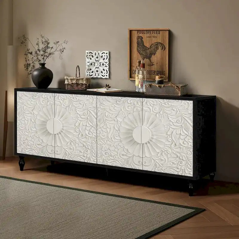 White Floral Carved Four-Door Sideboard Cabinet with Black Frame