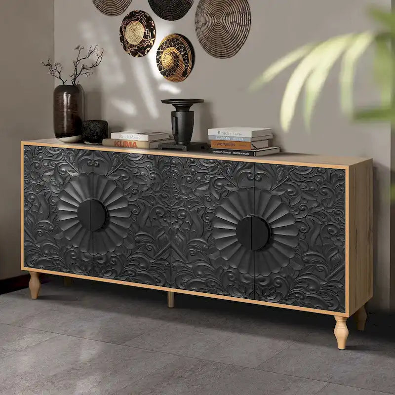 Buffet à quatre portes sculpté floral blanc avec cadre noir