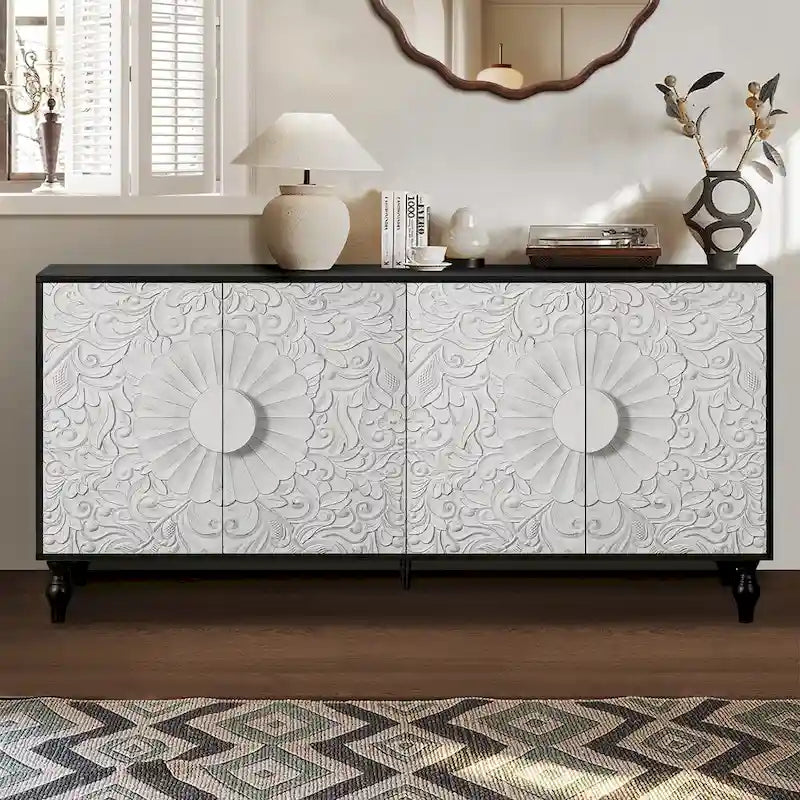 White Floral Carved Four-Door Sideboard Cabinet with Black Frame