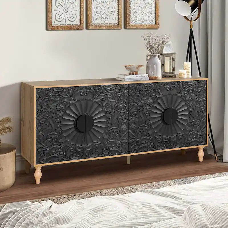 White Floral Carved Four-Door Sideboard Cabinet with Black Frame