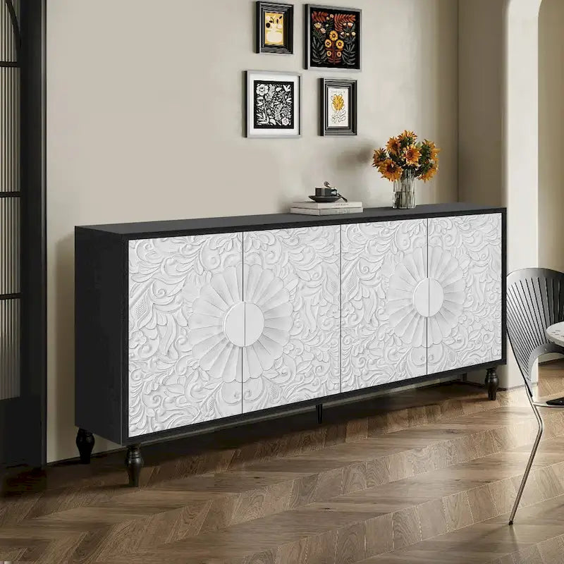 White Floral Carved Four-Door Sideboard Cabinet with Black Frame