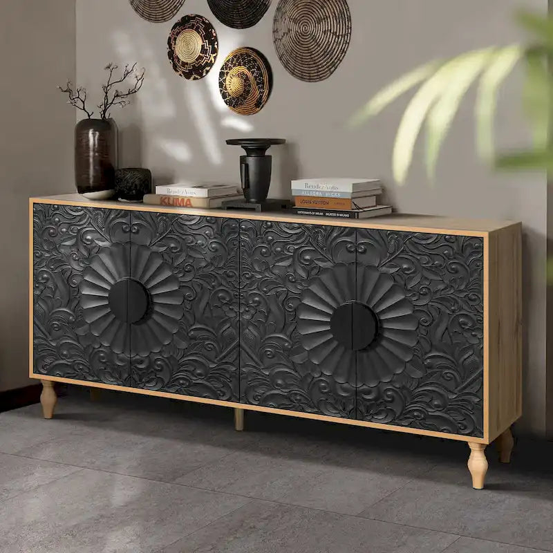 White Floral Carved Four-Door Sideboard Cabinet with Black Frame