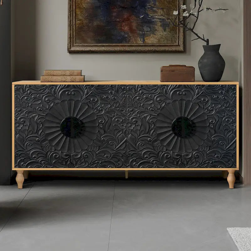White Floral Carved Four-Door Sideboard Cabinet with Black Frame