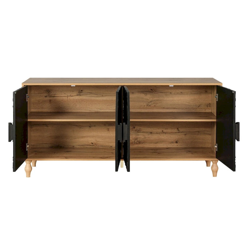 White Floral Carved Four-Door Sideboard Cabinet with Black Frame