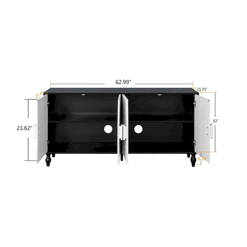 White Floral Carved Four-Door Sideboard Cabinet with Black Frame