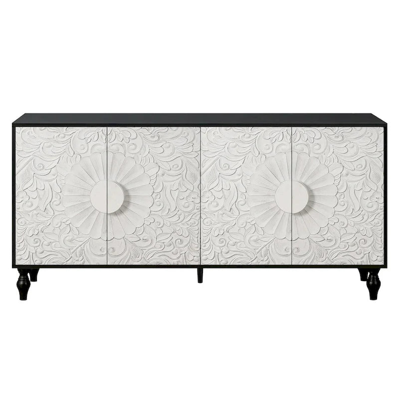 White Floral Carved Four-Door Sideboard Cabinet with Black Frame