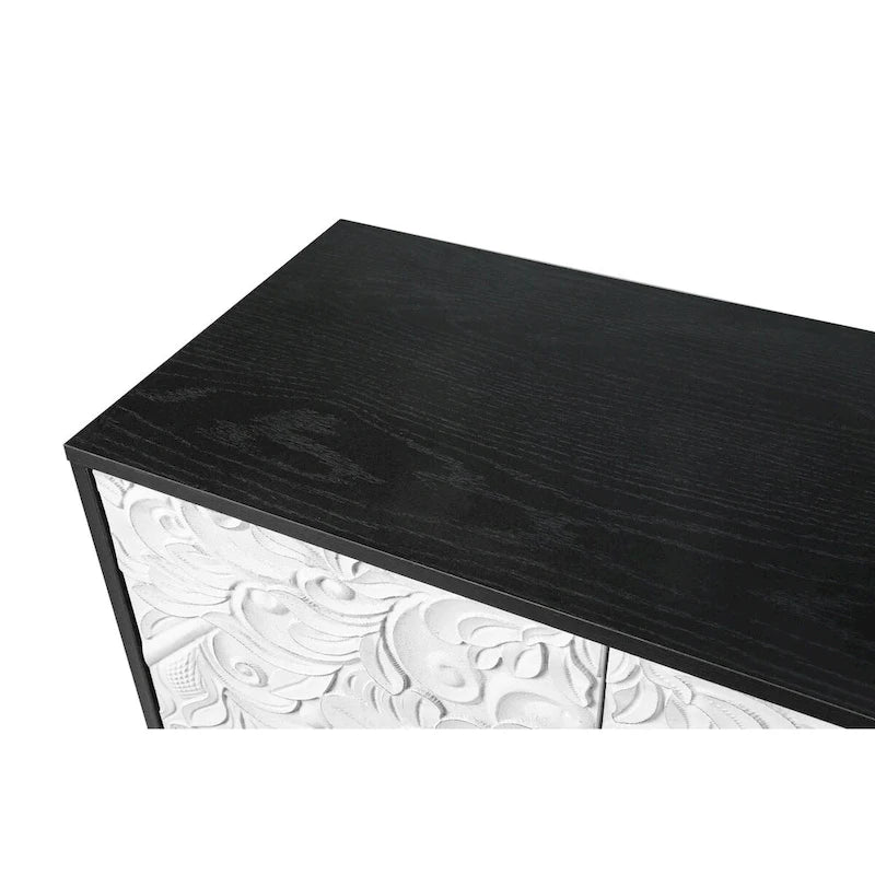 White Floral Carved Four-Door Sideboard Cabinet with Black Frame