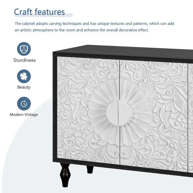 White Floral Carved Four-Door Sideboard Cabinet with Black Frame