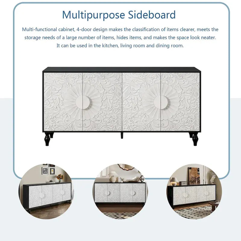 White Floral Carved Four-Door Sideboard Cabinet with Black Frame