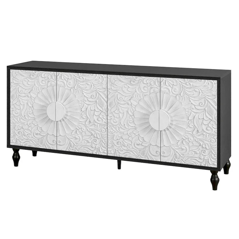 White Floral Carved Four-Door Sideboard Cabinet with Black Frame