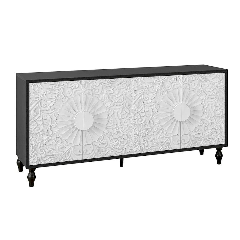 White Floral Carved Four-Door Sideboard Cabinet with Black Frame