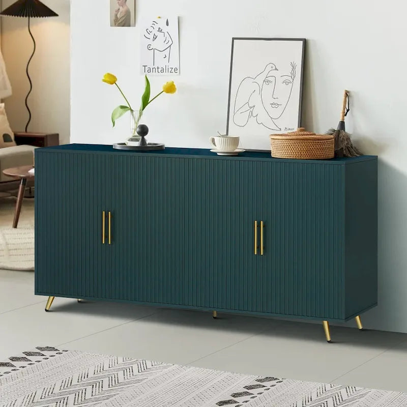 Four-Door Sideboard Storage Cabinet with Vertical Lines Gold Legs Navy Blue