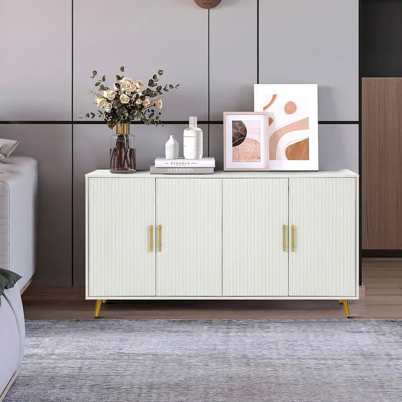 Four-Door Sideboard Storage Cabinet with Vertical Lines Gold Legs Navy Blue