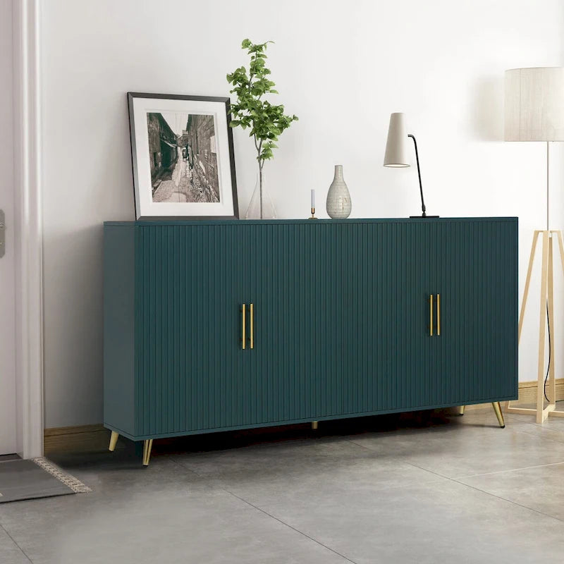 Four-Door Sideboard Storage Cabinet with Vertical Lines Gold Legs Navy Blue