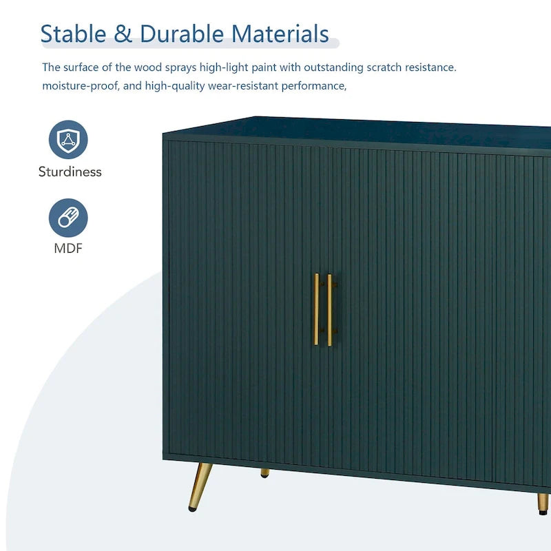 Four-Door Sideboard Storage Cabinet with Vertical Lines Gold Legs Navy Blue