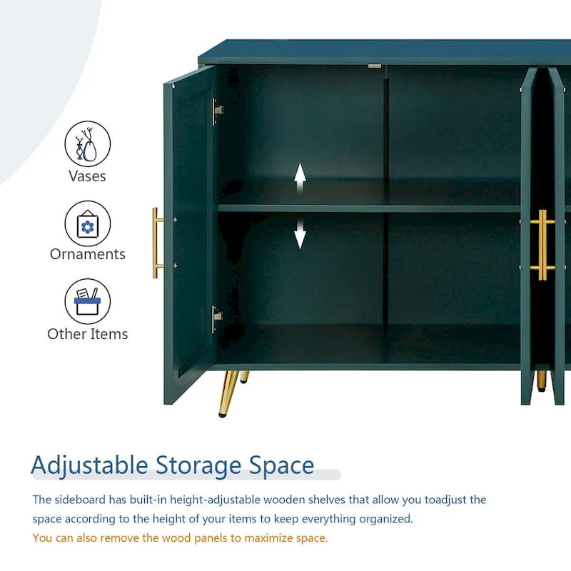 Four-Door Sideboard Storage Cabinet with Vertical Lines Gold Legs Navy Blue
