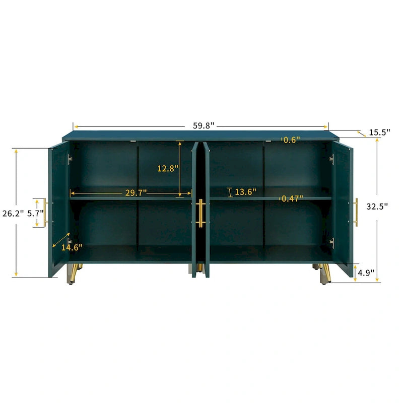 Four-Door Sideboard Storage Cabinet with Vertical Lines Gold Legs Navy Blue