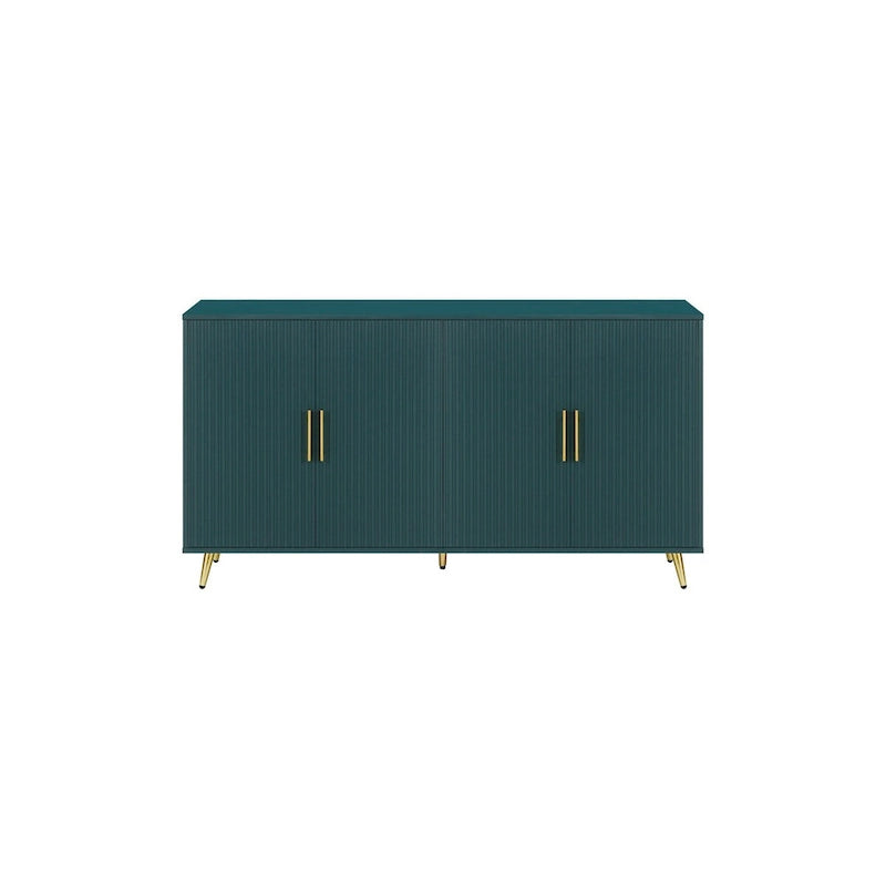 Four-Door Sideboard Storage Cabinet with Vertical Lines Gold Legs Navy Blue