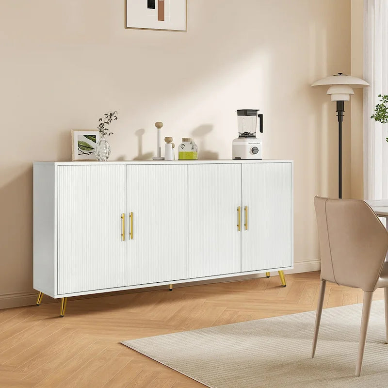 Four-Door Sideboard Storage Cabinet with Vertical Lines Gold Legs Navy Blue