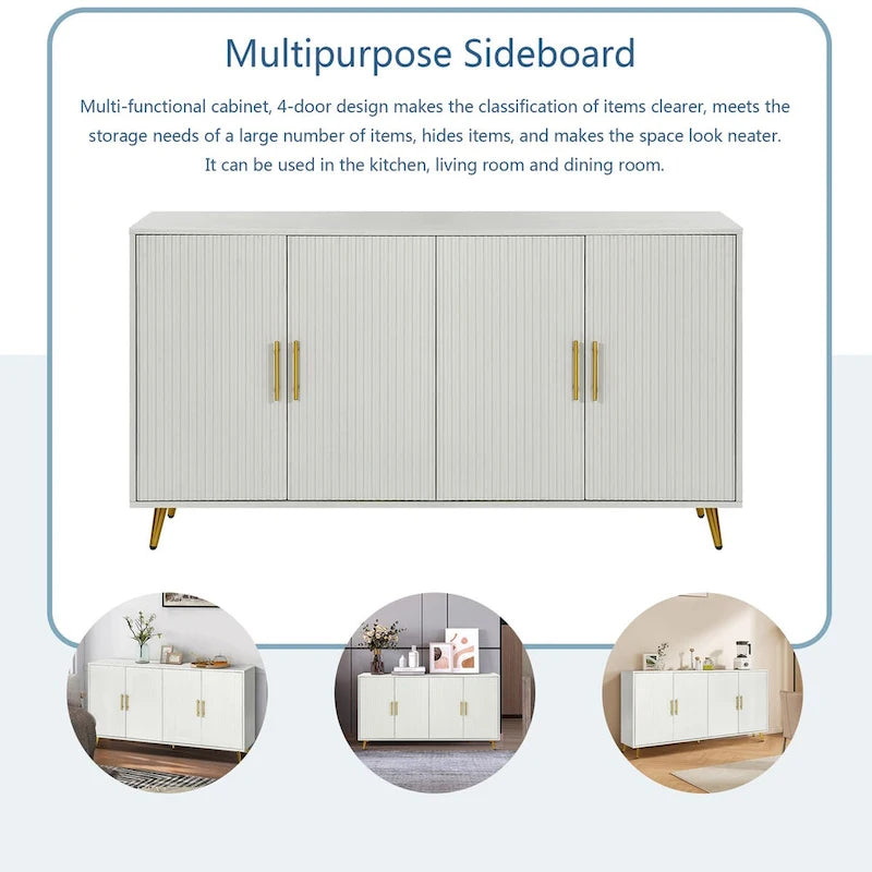 Four-Door Sideboard Storage Cabinet with Vertical Lines Gold Legs Navy Blue