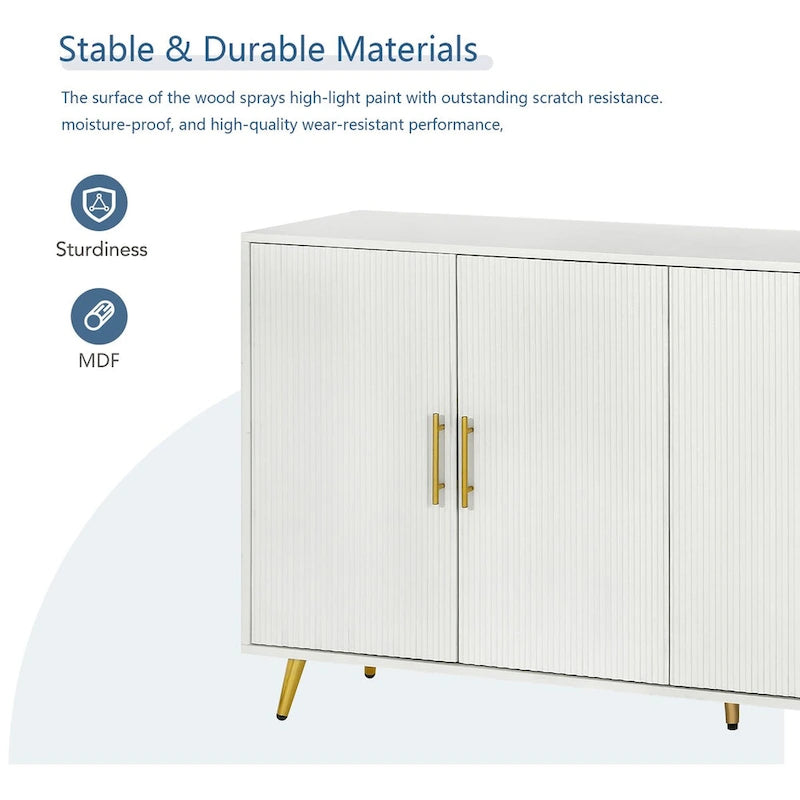 Four-Door Sideboard Storage Cabinet with Vertical Lines Gold Legs Navy Blue