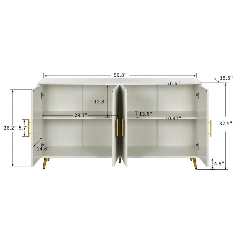 Four-Door Sideboard Storage Cabinet with Vertical Lines Gold Legs Navy Blue