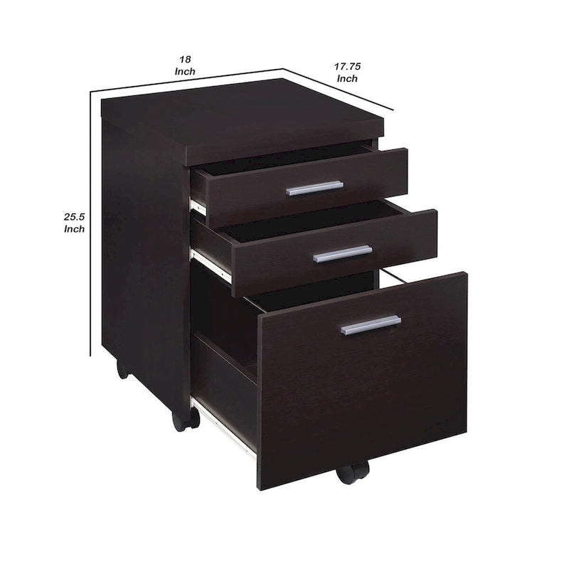 3 Drawer Mobile File Cabinet with Caster Wheels, Dark Cappuccino Brown