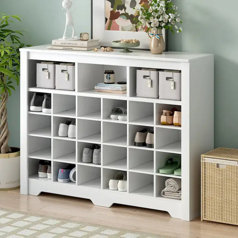 24-Cubby Shoe Storage Cabinet with Open Cubbies White Black Brown