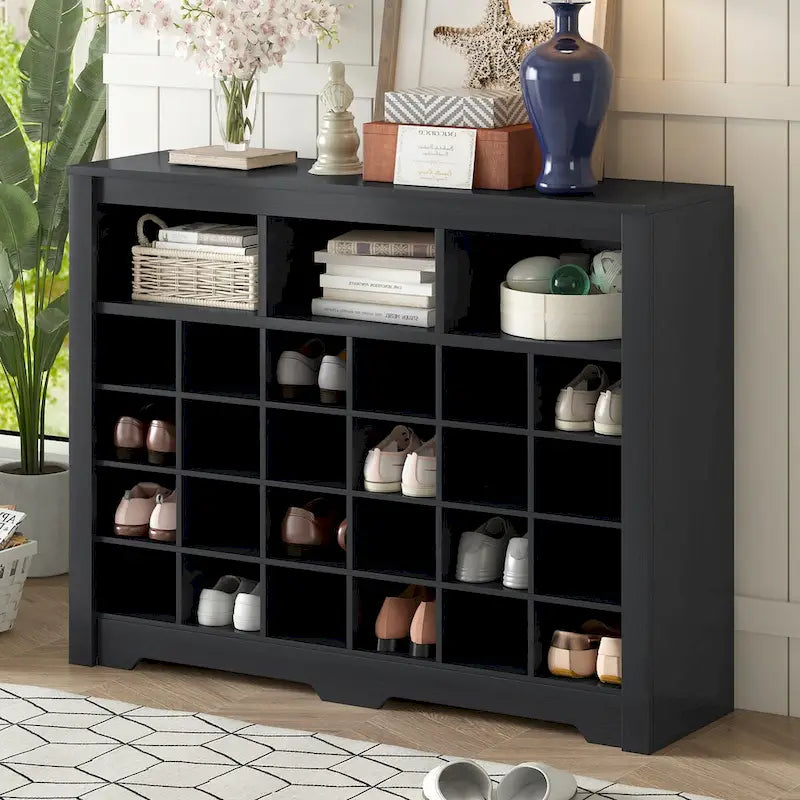 24-Cubby Shoe Storage Cabinet with Open Cubbies White Black Brown