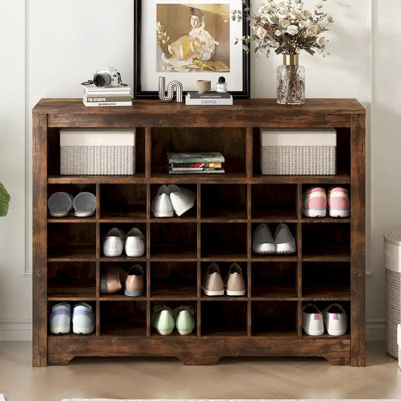 24-Cubby Shoe Storage Cabinet with Open Cubbies White Black Brown