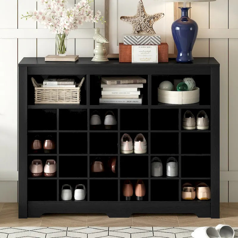 24-Cubby Shoe Storage Cabinet with Open Cubbies White Black Brown