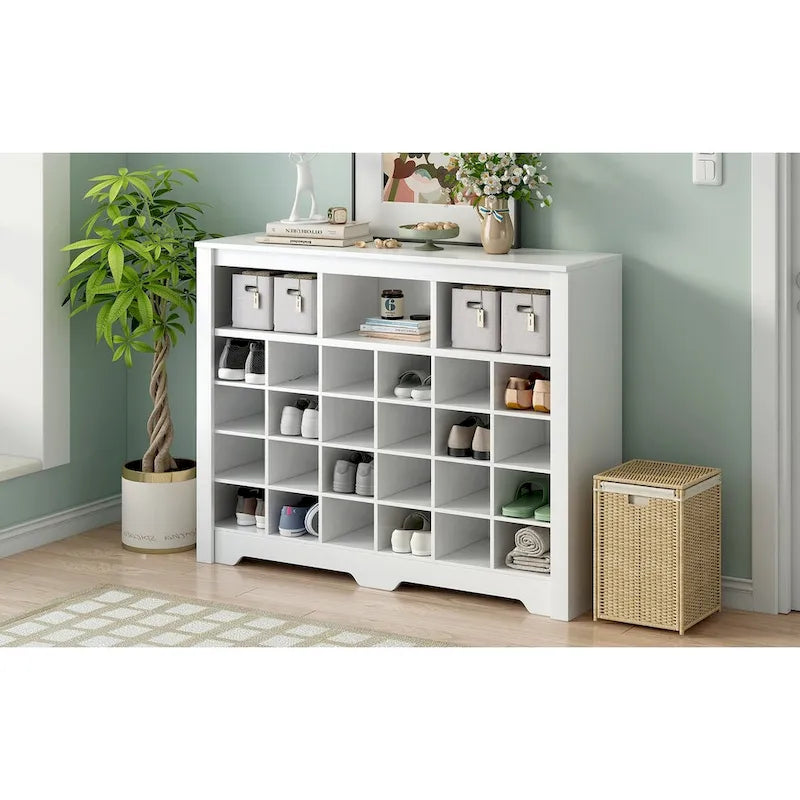 24-Cubby Shoe Storage Cabinet with Open Cubbies White Black Brown