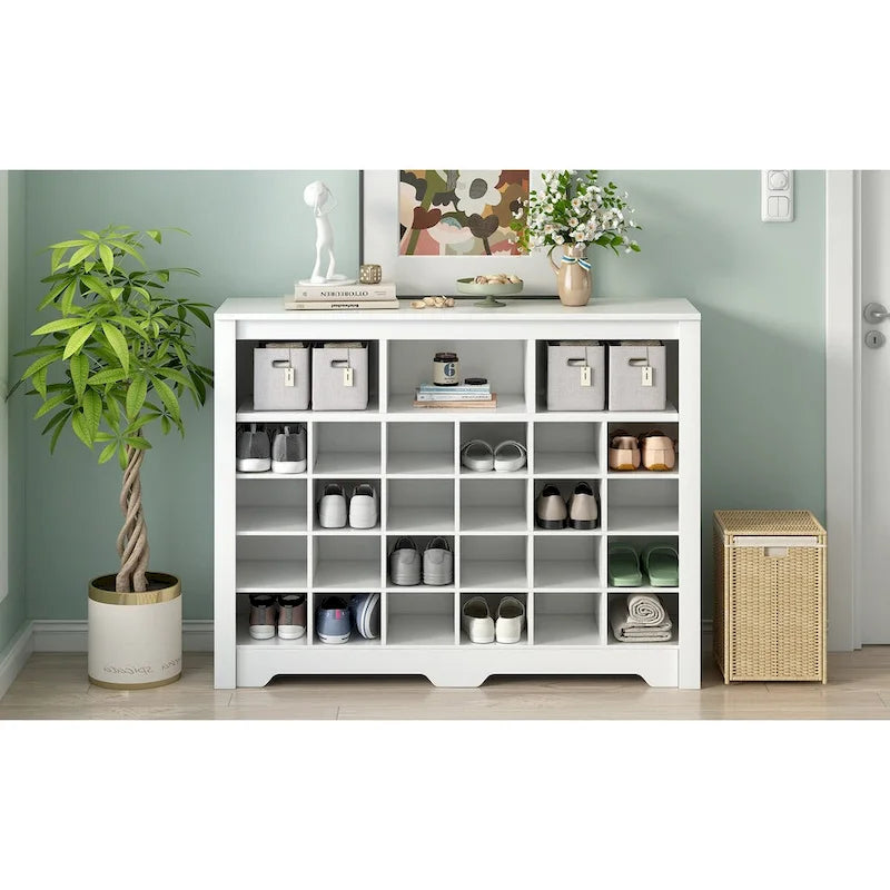 24-Cubby Shoe Storage Cabinet with Open Cubbies White Black Brown